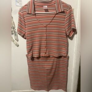 Peach & white 2 peice Striped Short Sleeve and skirt